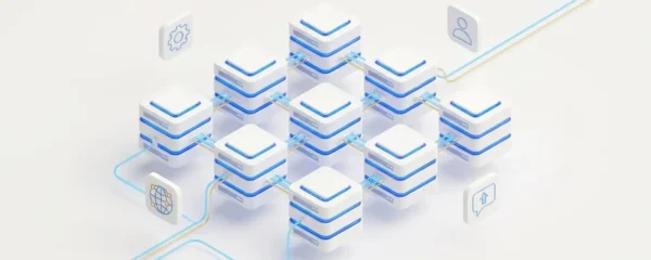Illustration 3D isométrique de serveurs cloud interconnectés avec des appareils (laptop, smartphone, tablette) via des lignes lumineuses, sur fond blanc.