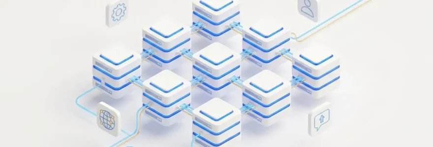 Illustration 3D isométrique de serveurs cloud interconnectés avec des appareils (laptop, smartphone, tablette) via des lignes lumineuses, sur fond blanc.