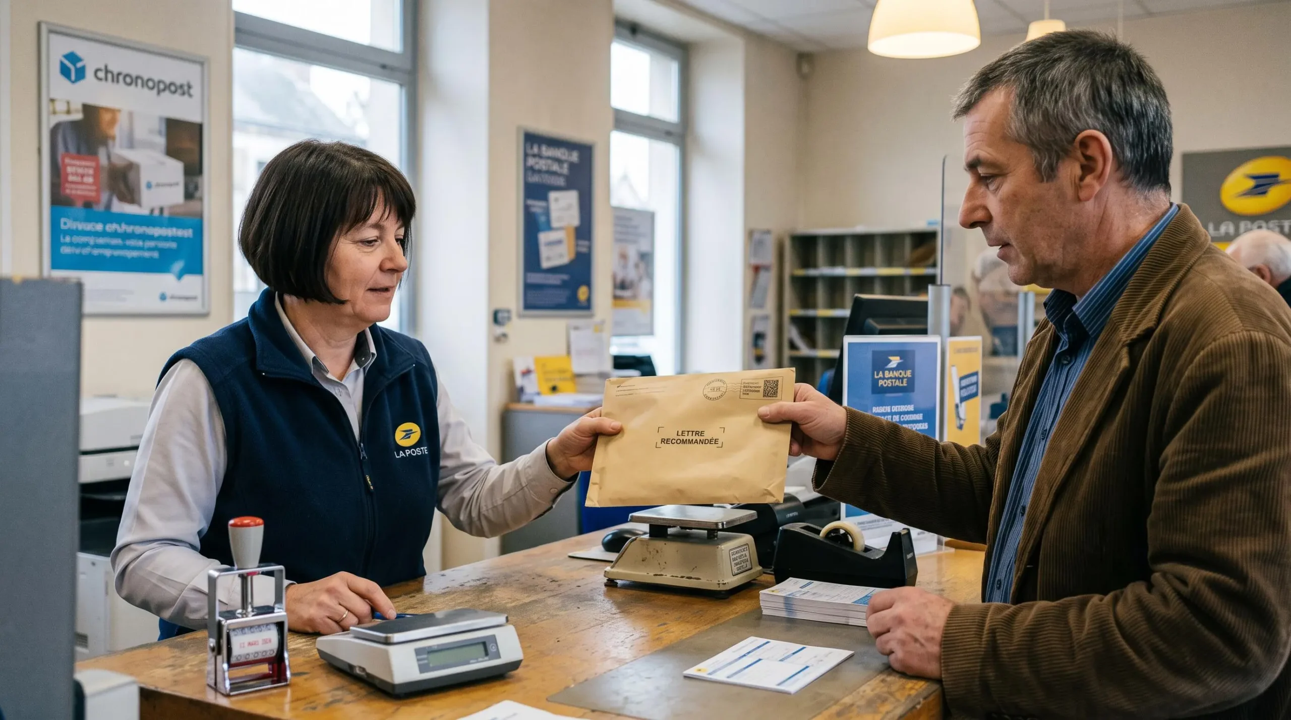 Un client dépose une lettre recommandée papier au guichet d'une poste.