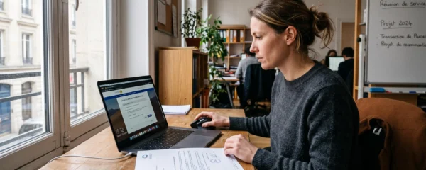 Une femme envoie un recommandé électronique depuis son ordinateur au bureau.