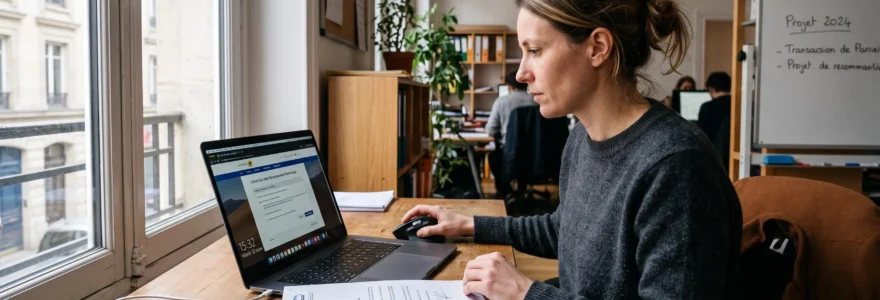 Une femme envoie un recommandé électronique depuis son ordinateur au bureau.