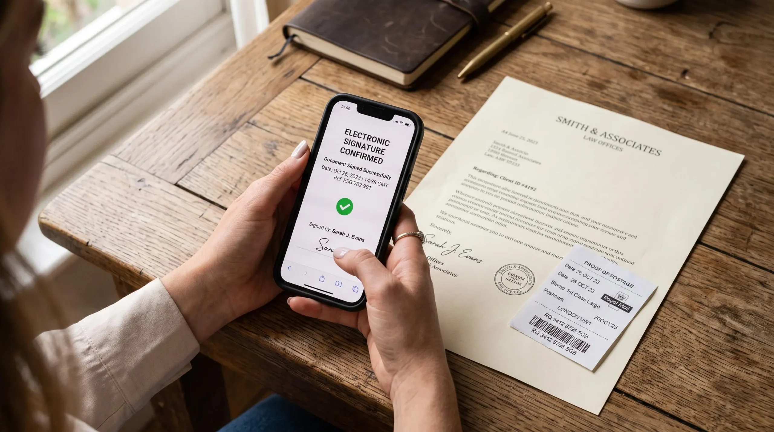 Une main tient un smartphone de confirmation près d'une lettre et d'un reçu postal.